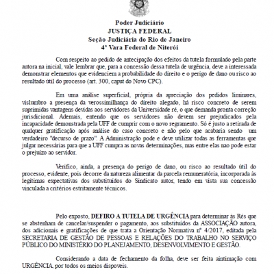 Reprodução de trecho da decisão do juiz da 4a Vara Federal de Niterói