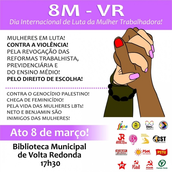 Em Volta Redonda, 8M acontece se concentra em frente à Biblioteca Municipal nesta sexta (08)