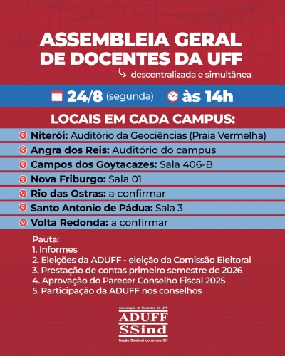 Aduff convida para assembleia docente na próxima segunda-feira (24)