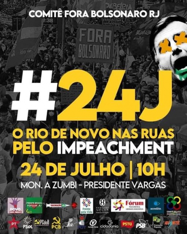 24J | No sábado, brasileiros voltam às ruas para 4° ato nacional Fora Bolsonaro e Mourão