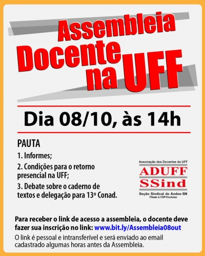 Diretoria da ADUFF convida para assembleia docente no dia 8 de outubro