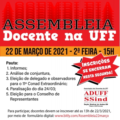 Aduff convoca assembleia docente na UFF para o dia 22 de março, segunda-feira