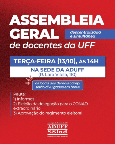 Aduff convoca assembleia geral docente para terça-feira, dia 13