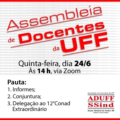 Diretoria da Aduff convida para Assembleia das e dos Docentes da UFF nesta quinta (24), às 14h