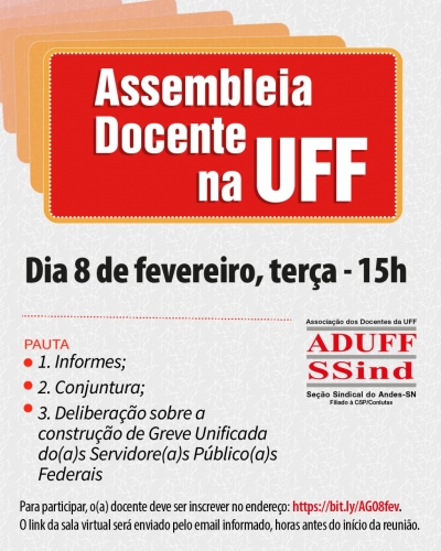 Diretoria da Aduff convida docentes da UFF para primeira assembleia geral de 2022