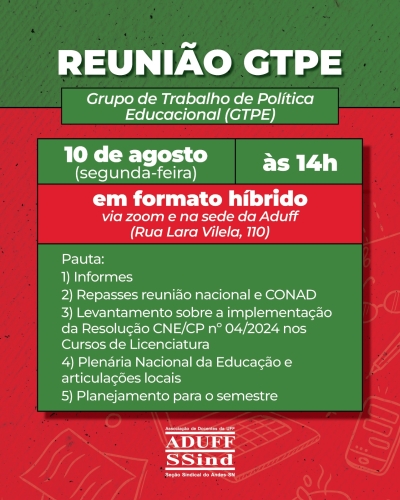 Reunião do Grupo de Trabalho de Política Educacional (GTPE) acontece no dia 10 de agosto