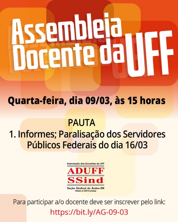 Diretoria da Aduff convida para a Assembleia Docente do dia 9 de março