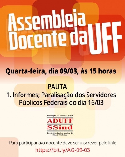 Diretoria da Aduff convida para a Assembleia Docente do dia 9 de março