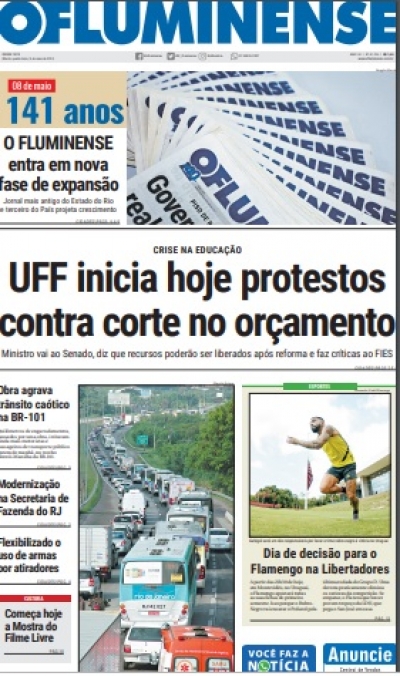 Capa do jornal &quot;O Fluminense&quot; desta quarta (8) destaca o ato que acontecerá na UFF
