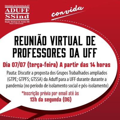 Aduff convoca docentes para reunião virtual na próxima terça-feira (07)