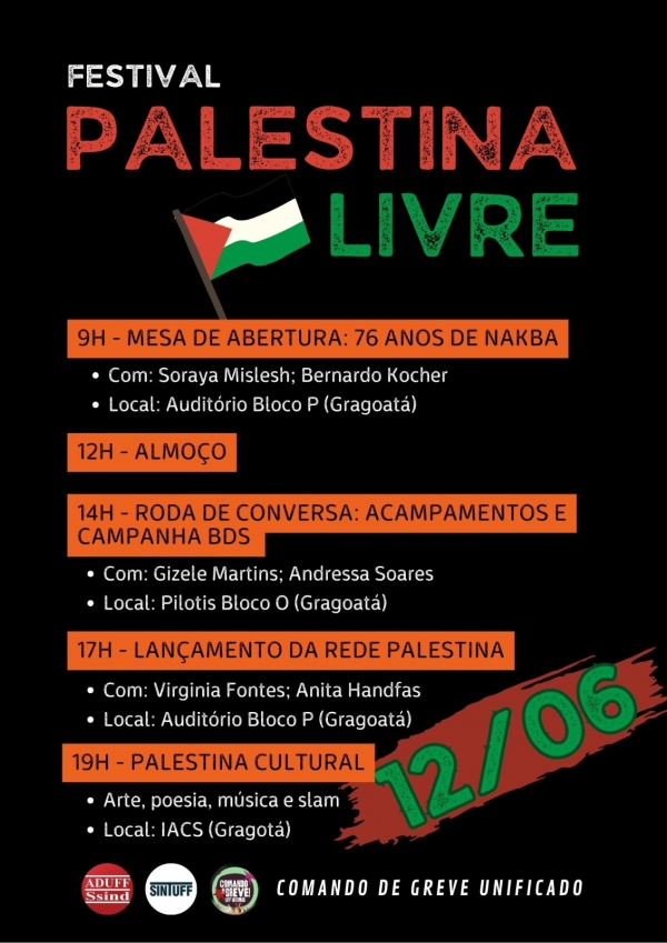&quot;Festival Palestina Livre&quot;, que terá debates e momento cultural, ocorre na quarta 12