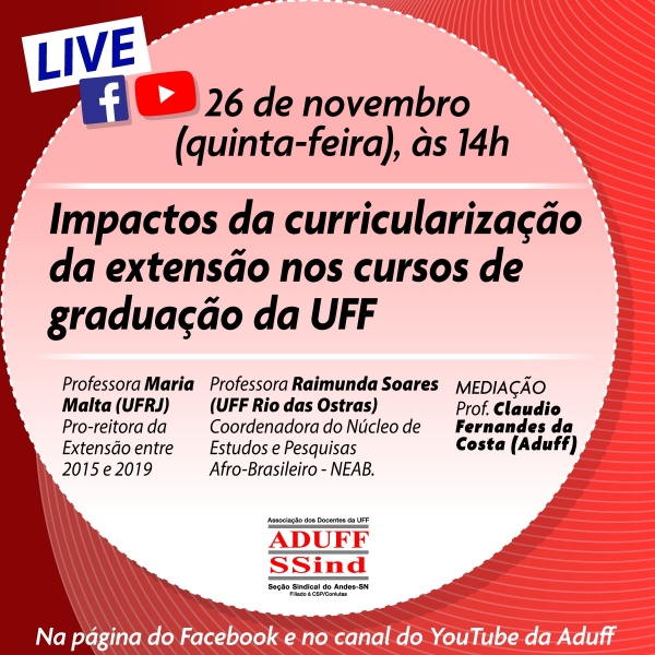 Aduff convida para live na quinta-feira (26) para discutir impacto da Extensão no currículo de graduação da UFF