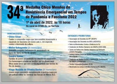 Grupo Tortura Nunca Mais/RJ convida para cerimônia online de entrega da Medalha Chico Mendes