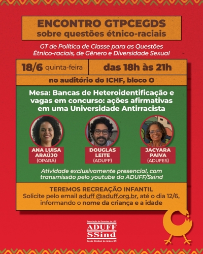 GTPCEGDS da Aduff convida para debate: bancas de heteroidentificação, ações afirmativas e universidade antirracista