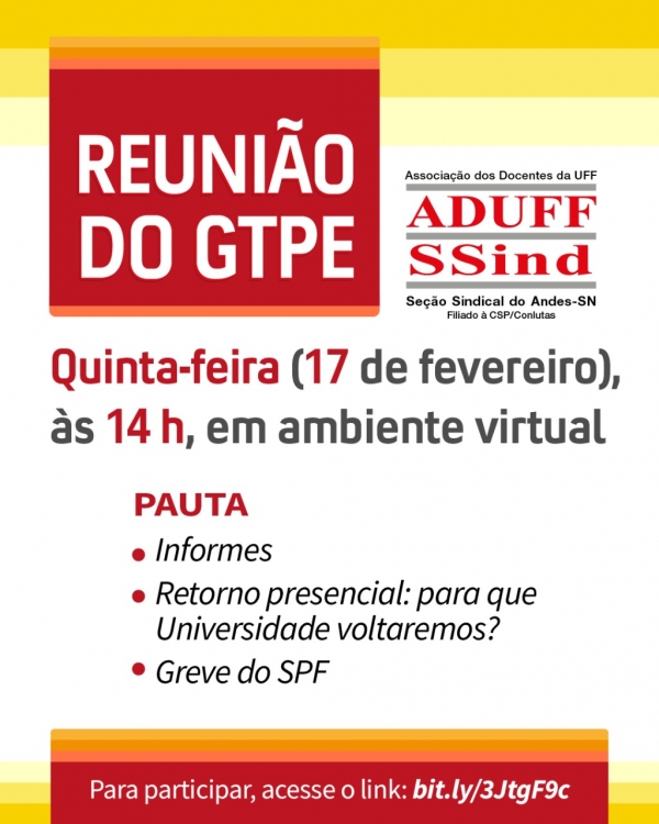 Reunião do GTPE acontecerá 17 de fevereiro, às 14h, em ambiente virtual