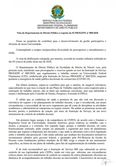 Departamento de Direito Público da UFF reivindica debate sobre Instrução Normativa 008/2020 no Cepex