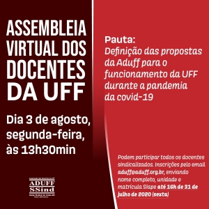 Assembleia virtual na próxima segunda (03) define proposta da Aduff para funcionamento da UFF durante a pandemia da covid-19