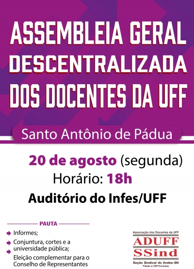 Assembleia geral descentralizada dos docentes da UFF começa hoje (20), na UFF de Pádua