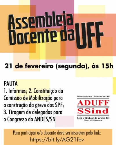 Aduff convida docentes para assembleia geral na próxima segunda (21), às 15h