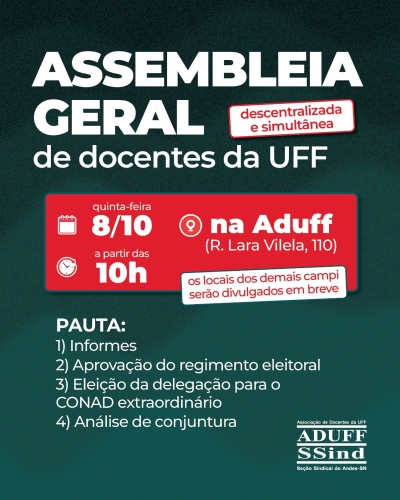 Diretoria da Aduff convida para Assembleia Geral de Docentes em 8 de outubro
