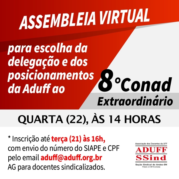 Aduff convoca assembleia virtual para eleger delegação e tirar posicionamentos ao 8º Conad Extraordinário