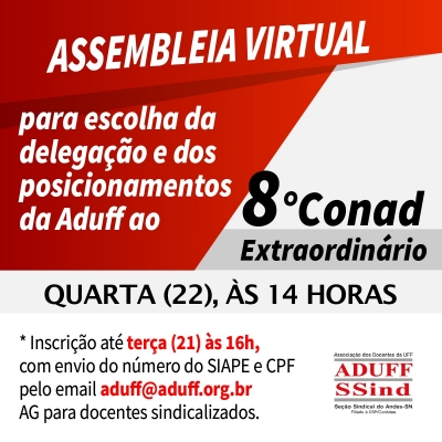 Aduff convoca assembleia virtual para eleger delegação e tirar posicionamentos ao 8º Conad Extraordinário