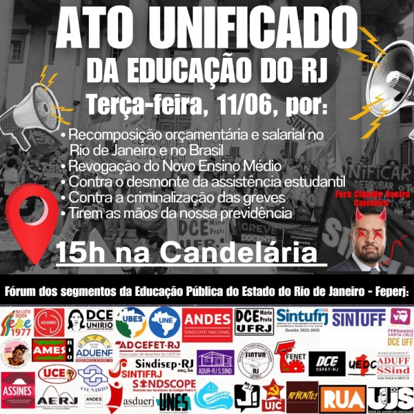 CLG da Aduff convida para Ato Unificado da Educação em greve, na terça (11), no centro do Rio