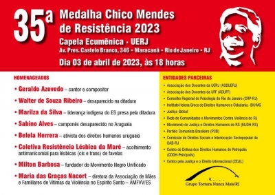 Cerimônia de entrega da 35ª Medalha Chico Mendes de Resistência acontece dia 3 de abril, na Uerj Maracanã