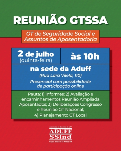 Aduff convida para a reunião do GTSSA local, na sede do sindicato, no dia 2 de julho