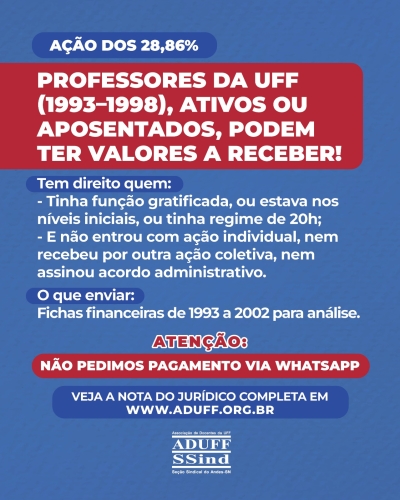 Ação dos 28,86% beneficia docentes ativos ou aposentados que tiveram vínculo com a UFF entre 1993 e 1998