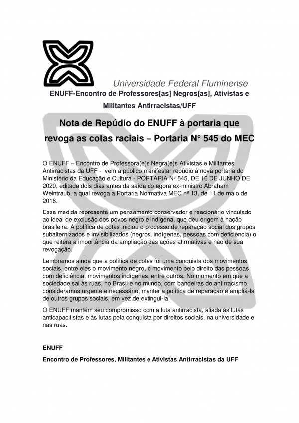 ENUFF emite nota de repúdio à Portaria 545 do MEC