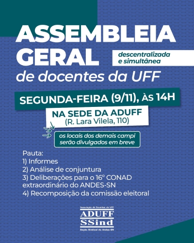 Aduff convoca para assembleia geral docente e seminário preparatório para o 16º Conad Extraordinário do Andes-SN