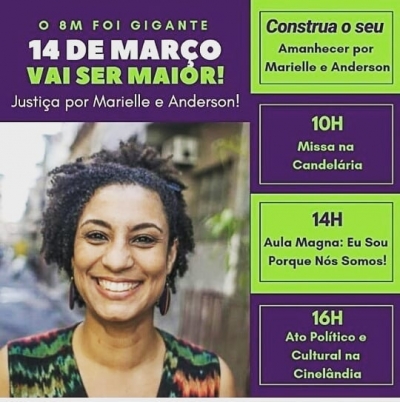 Momento do 8M, ato pelo Dia Internacional das Mulheres, no Centro do Rio. De costas, Monica Benício, viúva de Marielle Franco.