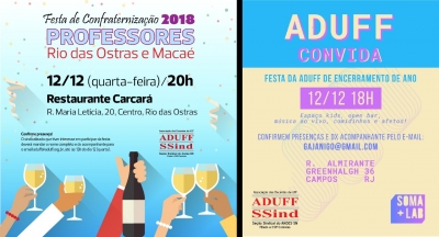 Aduff convida associados para confraternização de docentes em Rio das Ostras e Campos dos Goytacazes nesta quarta (12)