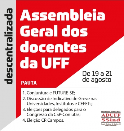 Aduff convida docentes para 1° assembleia descentralizada do segundo semestre letivo de 2019