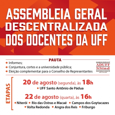 Assembleia Geral Descentralizada dos docentes da UFF acontece nos dias 20 e 22 de agosto