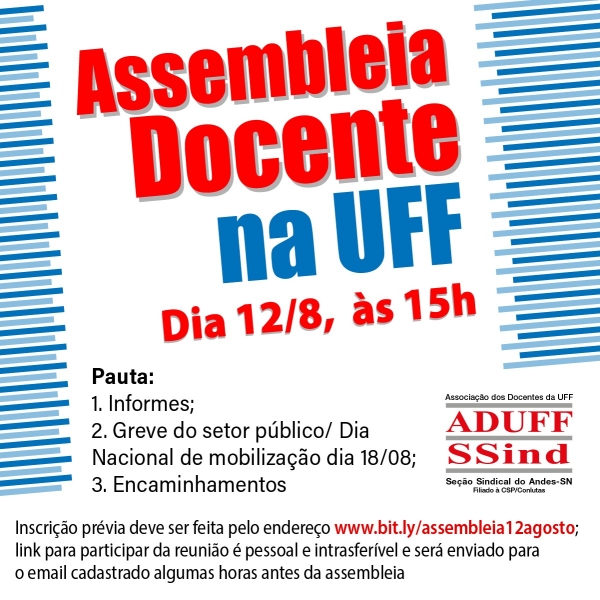 Assembleia docente da Aduff dia 12 decidirá sobre participação na greve nacional do setor público