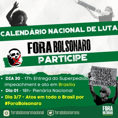 Campanha Fora Bolsonaro convoca novos atos em todo o país para este sábado (03)