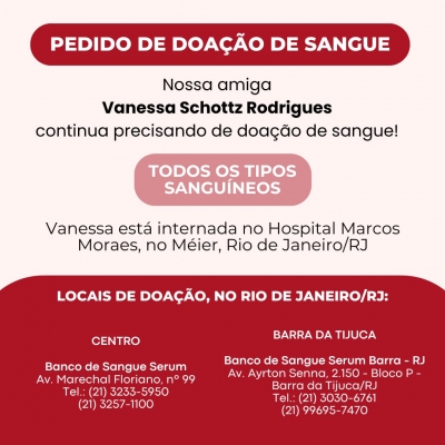 Aduff integra campanha solidária de doação de sangue e de plaquetas para Vanessa Schottz Rodrigues